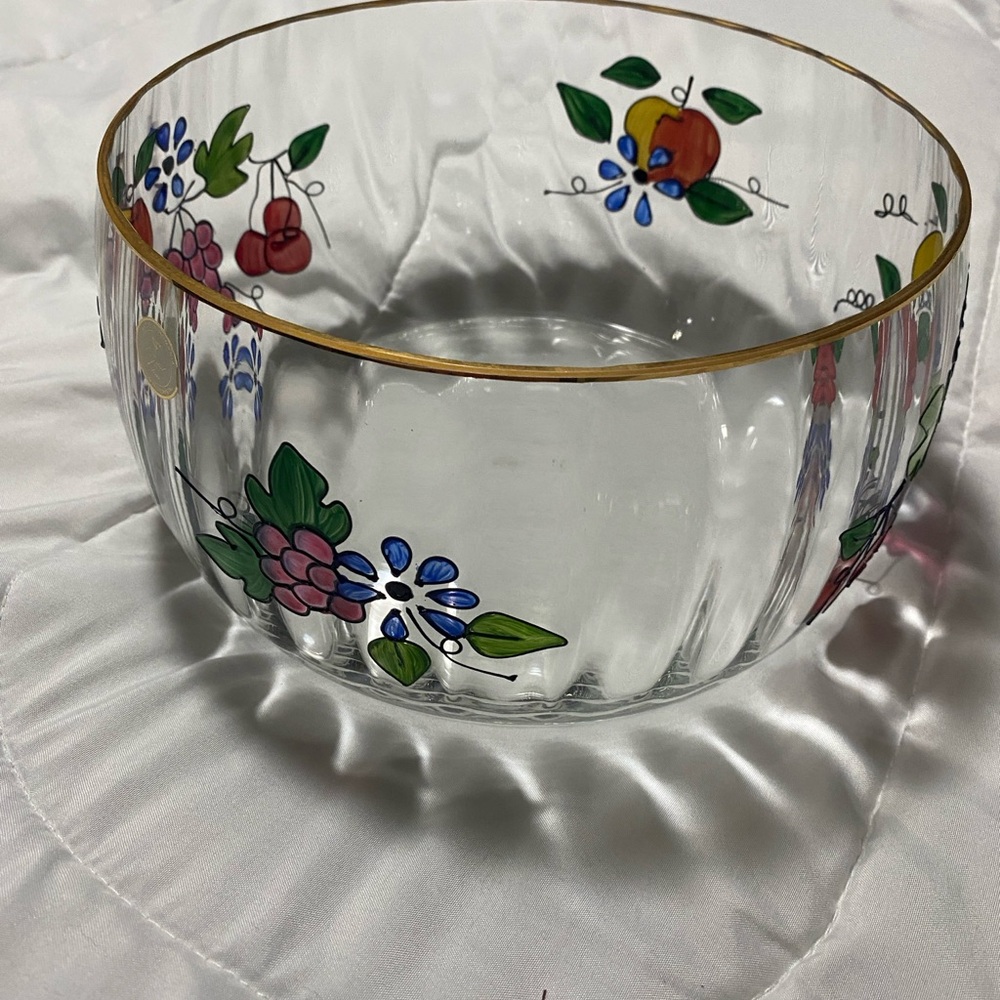 Vintage Romanian handcrafted crystal bowl with hand painted fruit & flowers